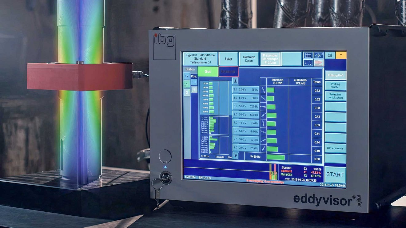 eddyvisor S, eddy current testing, with test results in a workshop